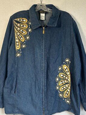 Bob Mackie Blue Denim Jacket Size 1X Chambray gold buttons embroidery full zip